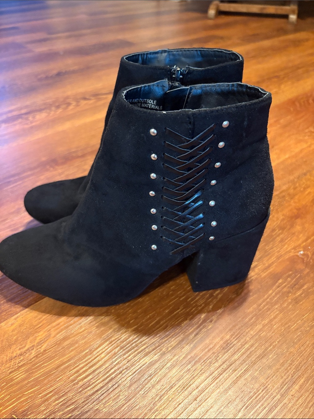 Black Suede Ankle Booties with Stud & Lace Accent - Picture 3 of 8